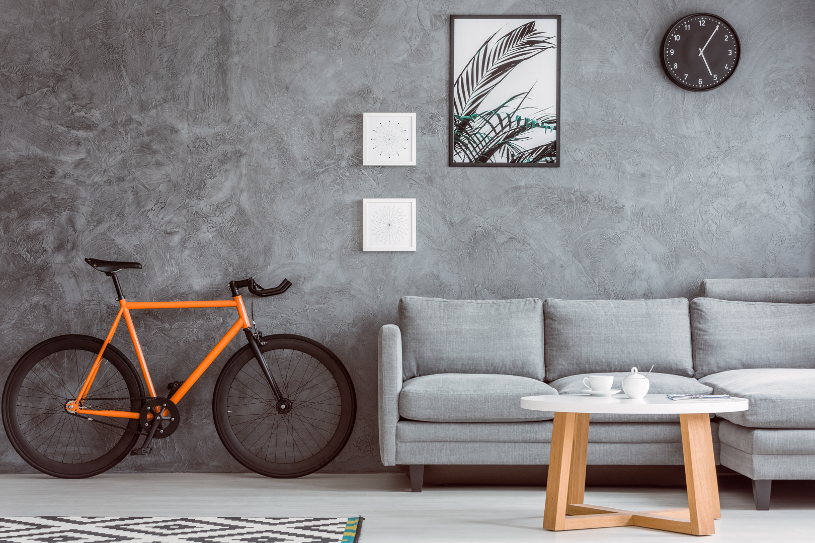 Orange bike in living room