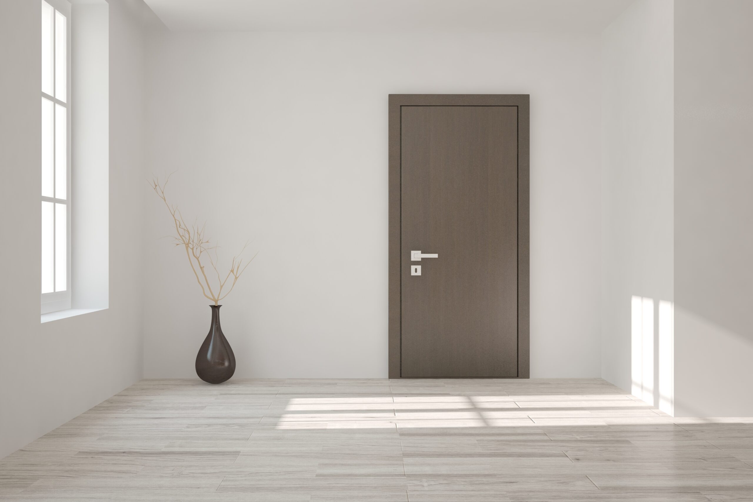 White empty room with door. Scandinavian interior design. 3D illustration
